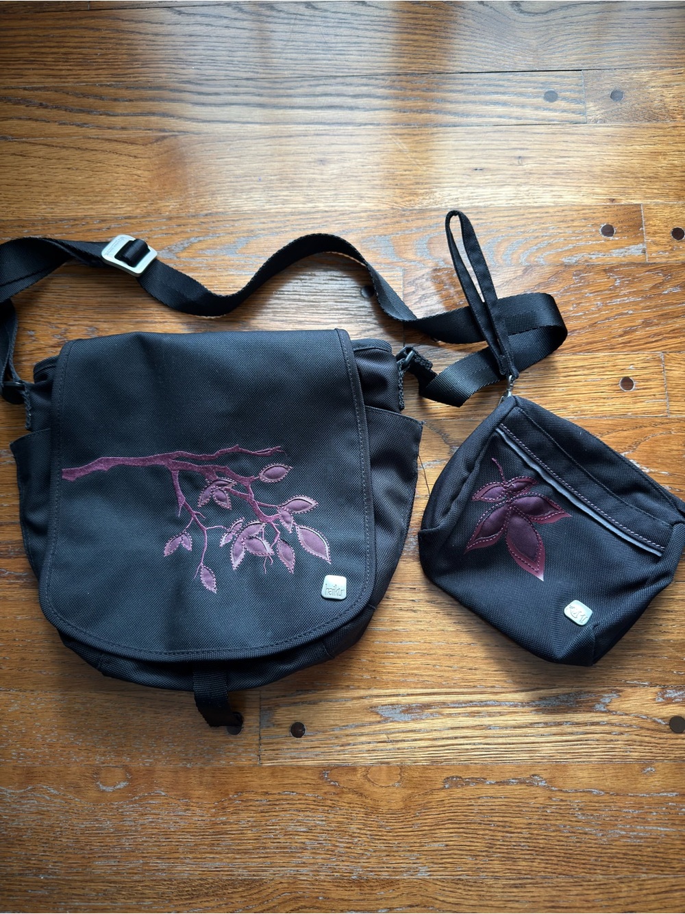 Black Shoulder & Mini Bag with Plum Embroidered Detail - Haiku/Rumi